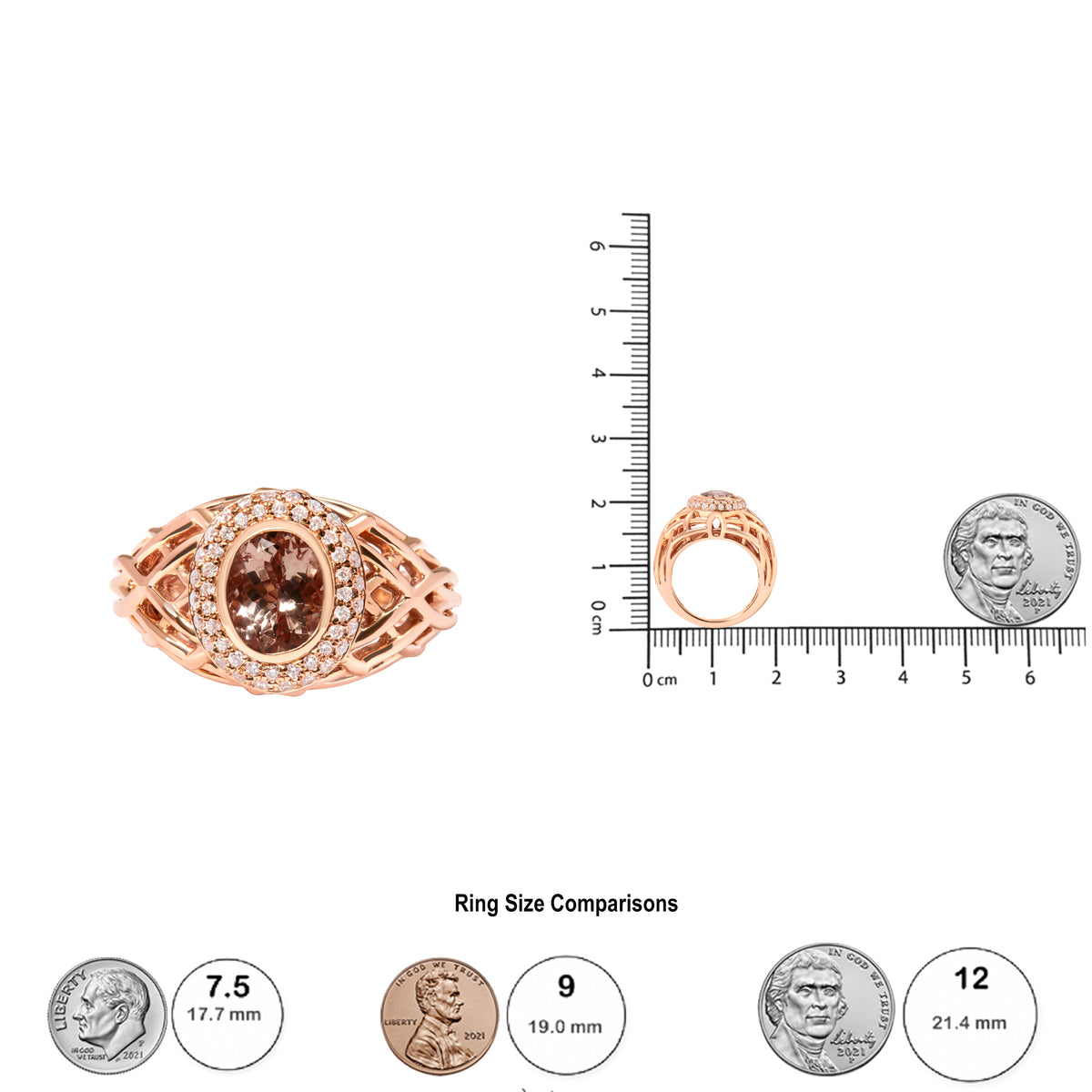 14K Rose Gold Oval Cut Light Pink Morganite and 3/8 Cttw Diamonds Halo and Basket Weave Cocktail Ring (G-H Color, SI1-SI2 Clarity)